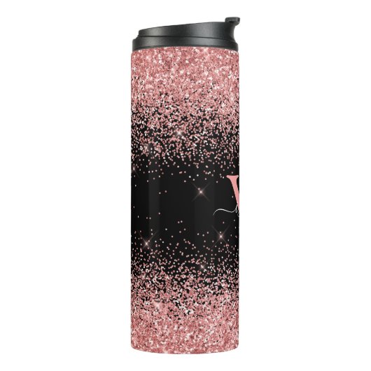 Rosa Schwarzer Glitzer Eleganter Skriptname Monogr Thermosbecher (Nach links gedreht)
