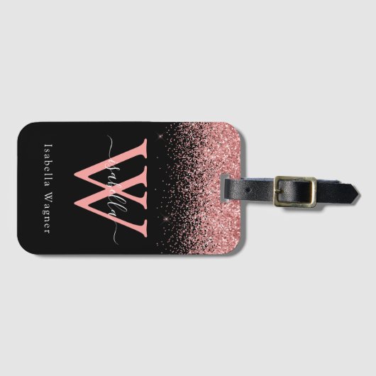 Rosa Schwarzer Glitzer Elegantes Skript Gepäckanhänger (Vorderseite (Horizontal))