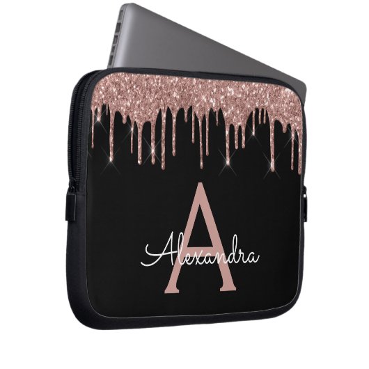 Rosa Schwarzer Glitzer-Monogramm Laptopschutzhülle (Vorne Rechts)
