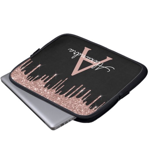 Rosa Schwarzer Glitzer-Monogramm Laptopschutzhülle (Vorne Knopf)