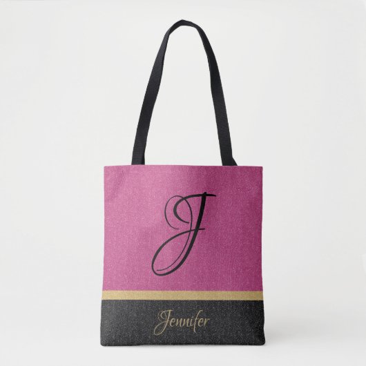 Rosa Schwarzer Glitzer Name Monogram Personalisier Tasche (Vorderseite)