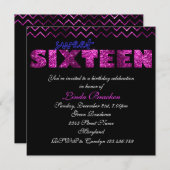 Rosa Schwarzer Glitzer Zickzack 16 . Geburtstag Ei Einladung (Vorne/Hinten)