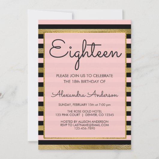 Rosa Schwarzer goldener Streifen 18. Geburtstag Einladung (Vorderseite)