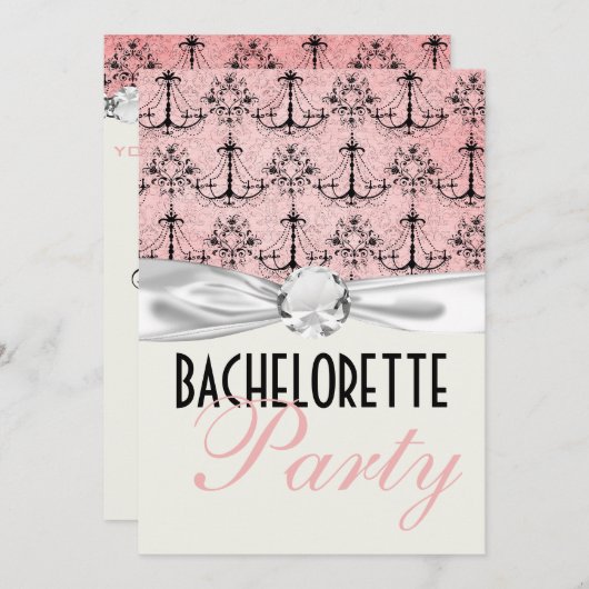 rosa schwarzer Kronleuchter Damast Junggeselinnen- Einladung (Vorne/Hinten)
