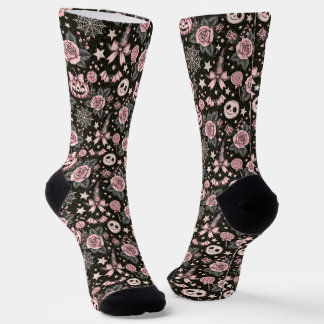 Rosa-schwarzer Kürbis, Web- und Rosenmuster Socken