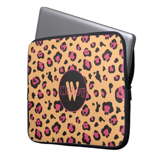 Rosa schwarzer Leopard Print Monogram Laptopschutzhülle (Vorderseite Links)