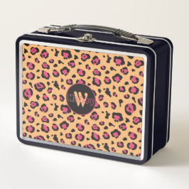 Rosa schwarzer Leopard Print Monogram Metall Brotdose