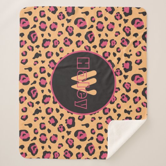 Rosa schwarzer Leopard Print Monogram Sherpadecke (Vorderseite)