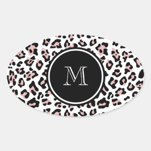 Rosa schwarzer Leopard-Tierdruck mit Monogramm Ovaler Aufkleber