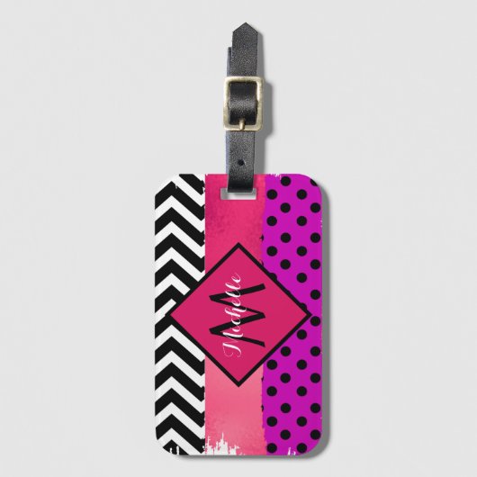 Rosa Schwarzer Lila Glitzer Pinselstriche Mit Mono Gepäckanhänger (Vorderseite Vertikal)