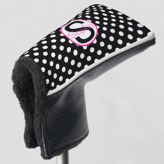 Rosa schwarzer Name Initial mit Polka Dots Golf Headcover (3/4 Vorderseite)