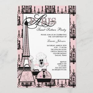 Rosa schwarzer Paris Kronleuchter süße 16 Party Einladung