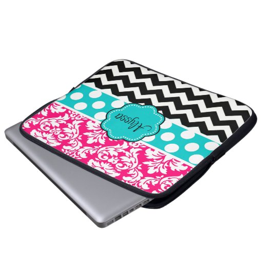 Rosa schwarzer Punkt-Damast-Zickzack Laptopschutzhülle (Vorne Knopf)