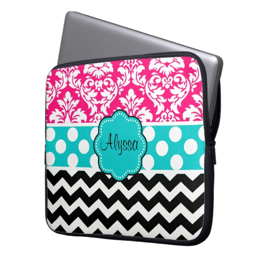 Rosa schwarzer Punkt-Damast-Zickzack Laptopschutzhülle (Vorderseite Links)