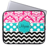 Rosa schwarzer Punkt-Damast-Zickzack Laptopschutzhülle (Vorderseite)