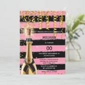 Rosa schwarzer Schaumwein Eleganter Streifen Glitz Einladung (Stehend Vorderseite)