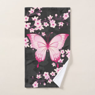 Rosa Schwarzer Schmetterling und Kirschblüten Handtuch