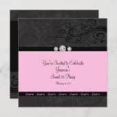 Rosa Schwarzer Swirl 16 . Geburtstag Party Einladu Einladung (Vorne/Hinten)