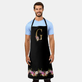 Rosa Schwarzer Watercolor Floral Gold Ton Monogram Schürze (Getragen)