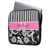 Rosa, schwarzer, weißer Damast Stripes Laptopschutzhülle (Vorderseite Links)