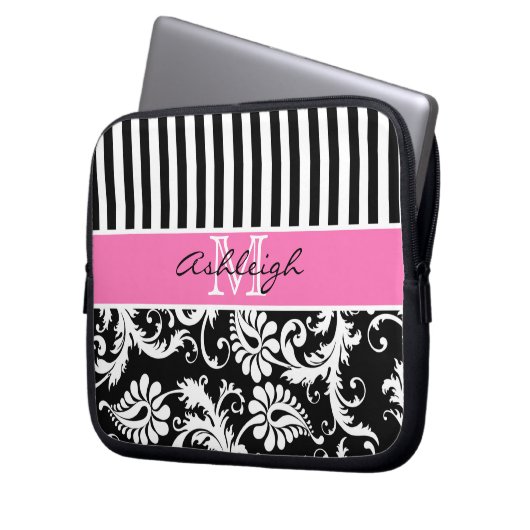 Rosa, schwarzer, weißer Damast Stripes Laptopschutzhülle (Vorderseite Links)