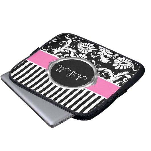 Rosa, schwarzer, weißer Damast Stripes Laptopschutzhülle (Vorne Knopf)