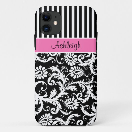 Rosa, schwarzer, weißer gestreifter Damast iPhone Case-Mate iPhone Hülle (Rückseite)