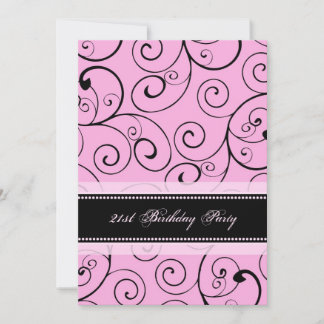 Rosa schwarzer Wirbels-21. Geburtstags-Party Einladung