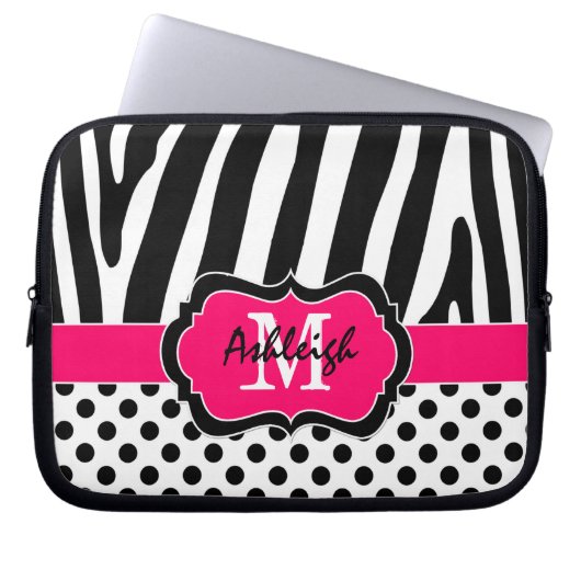 Rosa schwarzer Zebra Stripes Tupfen-Laptop-Kasten Laptopschutzhülle (Vorderseite)