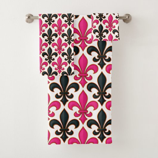 Rosa schwarzes Barock-Fleur-de-lis-Musterdesign  Badhandtuch Set (Insitu)
