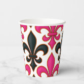 Rosa schwarzes Barock-Fleur-de-lis-Musterdesign Pappbecher (Rückseite)