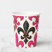 Rosa schwarzes Barock-Fleur-de-lis-Musterdesign Pappbecher (Rechts)