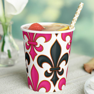Rosa schwarzes Barock-Fleur-de-lis-Musterdesign Pappbecher