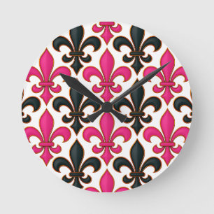 Rosa schwarzes Barock-Lilienmuster-Design  Runde Wanduhr