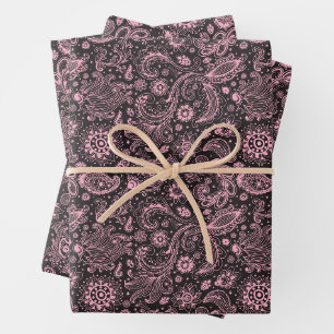 Rosa schwarzes Batik-Boho-Stil floral Paisley-Must Geschenkpapier Set