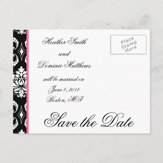 Rosa, schwarzes Damaskus-Foto Save the Date Postka Ankündigungspostkarte (Rückseite)