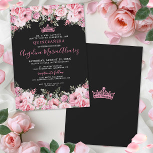 Rosa schwarzes florales Quinceanera Einladung