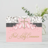 Rosa Schwarzes Gold Cross Girls Rosa Erste Kommune Einladung (Stehend Vorderseite)
