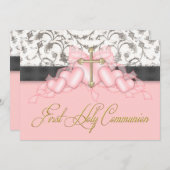 Rosa Schwarzes Gold Cross Girls Rosa Erste Kommune Einladung (Vorne/Hinten)