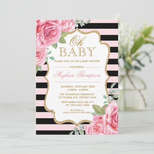 Rosa schwarzes GoldblumenRosen-Mädchen-Baby-Dusche Einladung (Stehend Vorderseite)