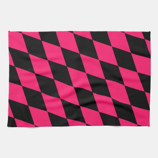 Rosa schwarzes Harlekin-Diamant-Schachbrett-Design Geschirrtuch (Horizontal)