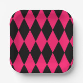 Rosa schwarzes Harlekin-Diamant-Schachbrett-Design Pappteller (Vorderseite)