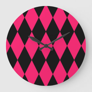 Rosa schwarzes Harlekin-Diamantenkaro-Design Große Wanduhr