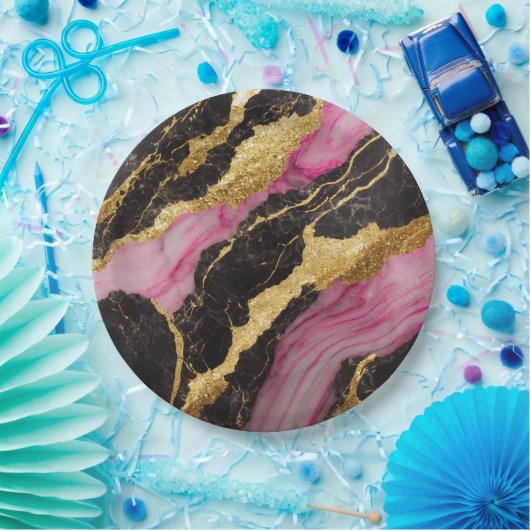 Rosa schwarzes Marmormuster mit Gold Pappteller (Party)