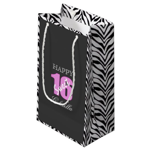 Rosa-Schwarzes mit Zebra versieht Geschenk-Tasche Kleine Geschenktüte (Vorderseite Schrägansicht)