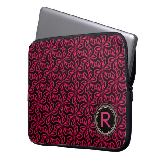 Rosa Schwarzes Muster Monogram Notebook Laptopschutzhülle (Vorderseite Links)
