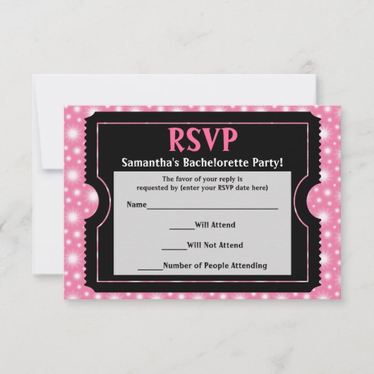 Rosa-/Schwarzes Party Ticket UAWG-Antwortkarte RSVP Karte (Vorderseite)