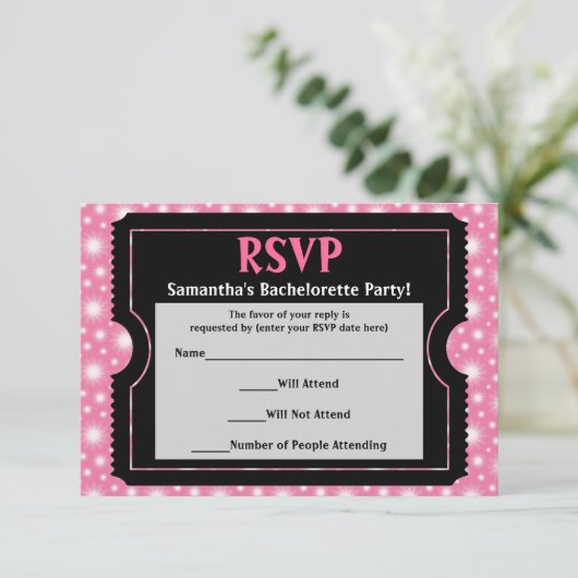 Rosa-/Schwarzes Party Ticket UAWG-Antwortkarte RSVP Karte (Stehend Vorderseite)