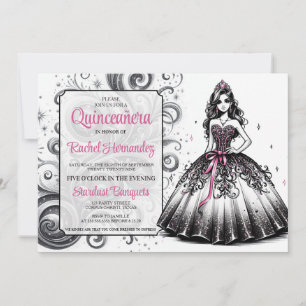 Rosa & Schwarzes Quinceañera-Mädchen Einladung