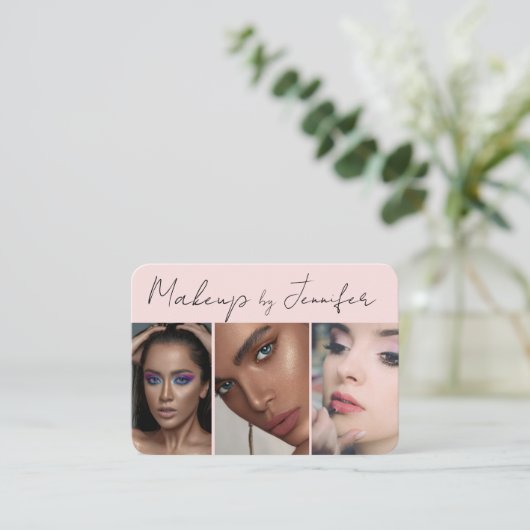 Rosa Schwarzes Script 3 Foto Makeup Visitenkarte (Stehend Vorderseite)